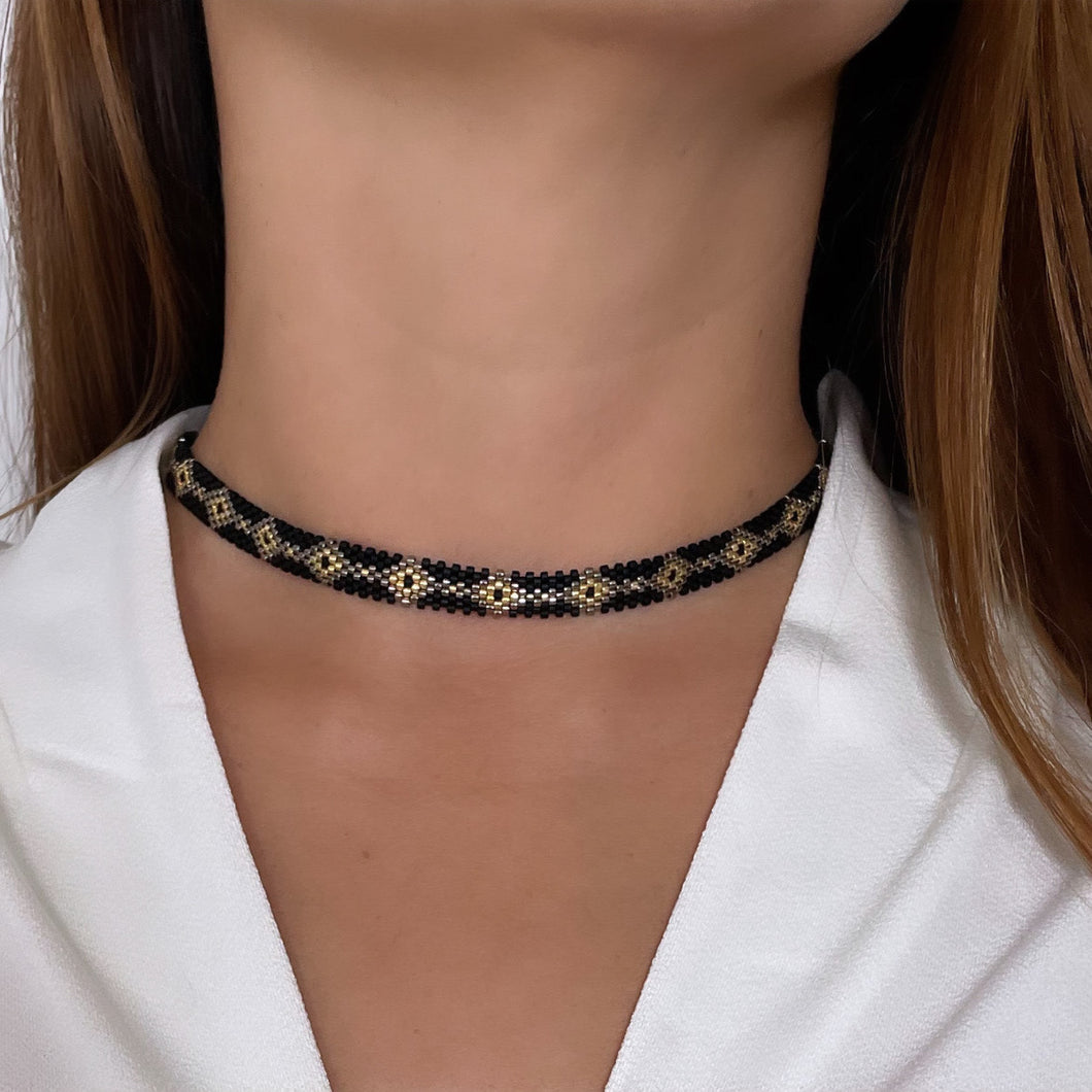 Choker Negro Plata y Dorado